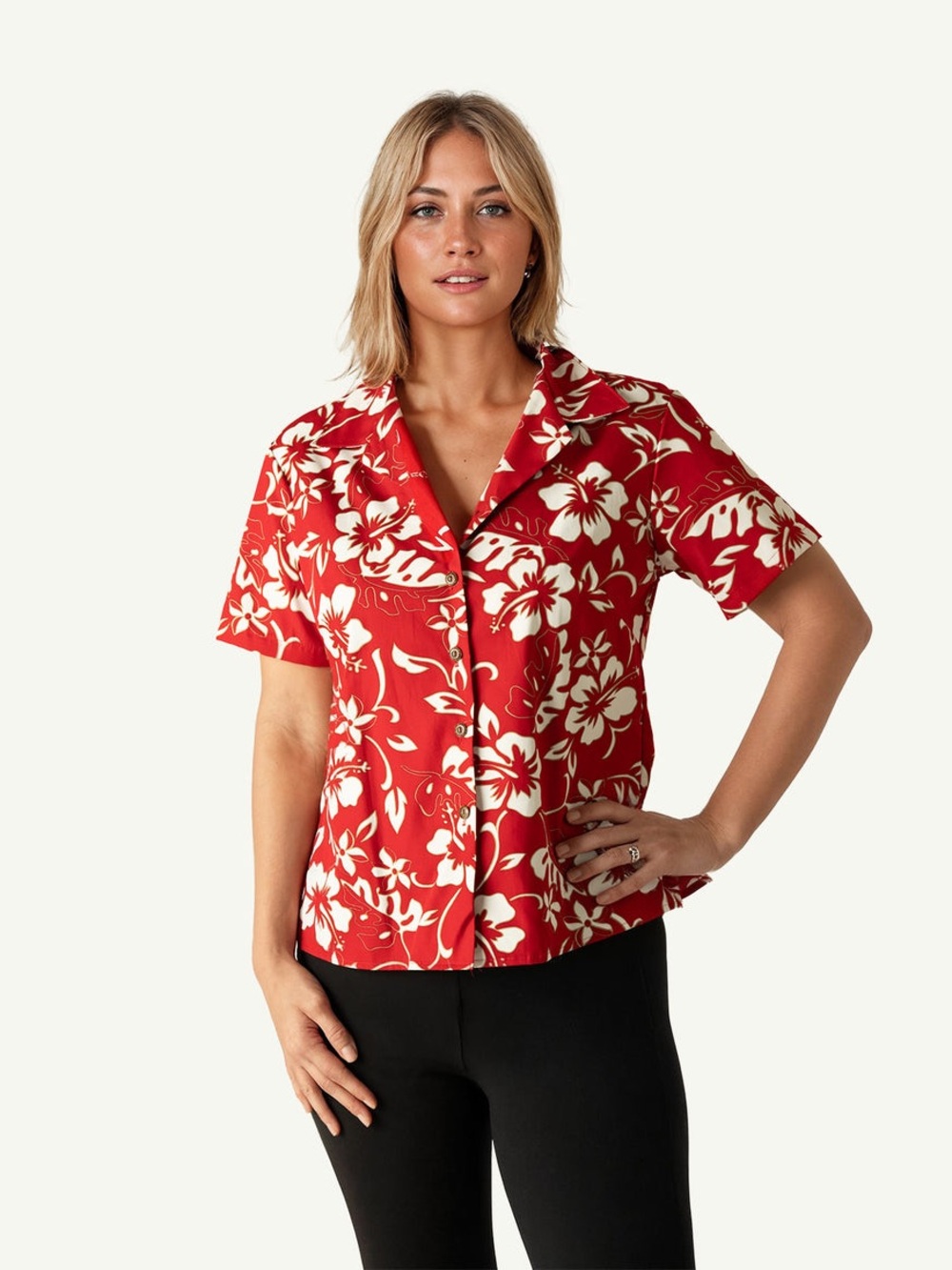 Hilo Hattie Classic Hibiscus Aloha Camp Shirt Hawaiian Red White Size Medium